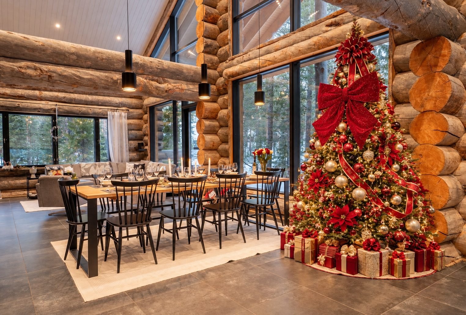 Christmas decoration in a Lapland log cabin: decorated tree, gifts and dining table