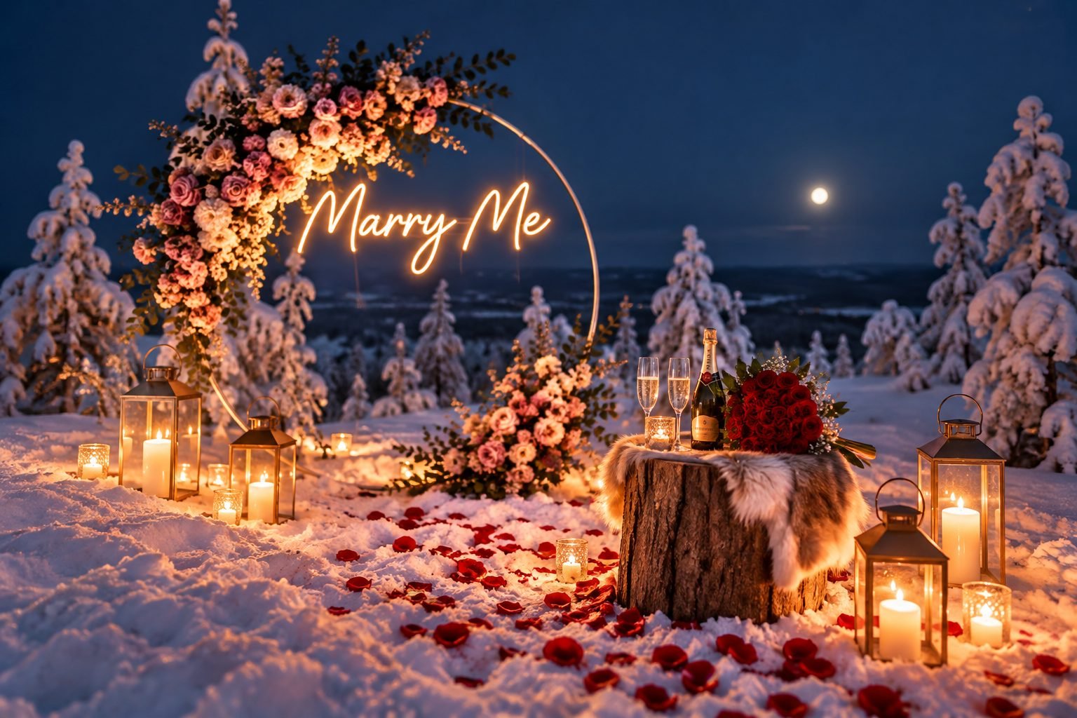 Proposal place in Lapland with a Marry Me sign, flowers, lanterns, roses and sparkling wine in the snow