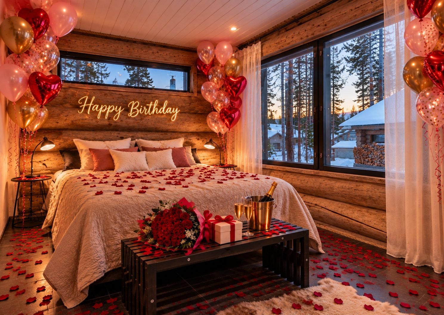 Birthday surprise in a Lapland cabin with balloons, Happy Birthday sign, roses and sparkling wine