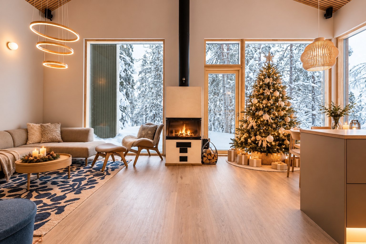 Classic decorated Christmas tree with presents in a Scandinavian Lapland cabin
