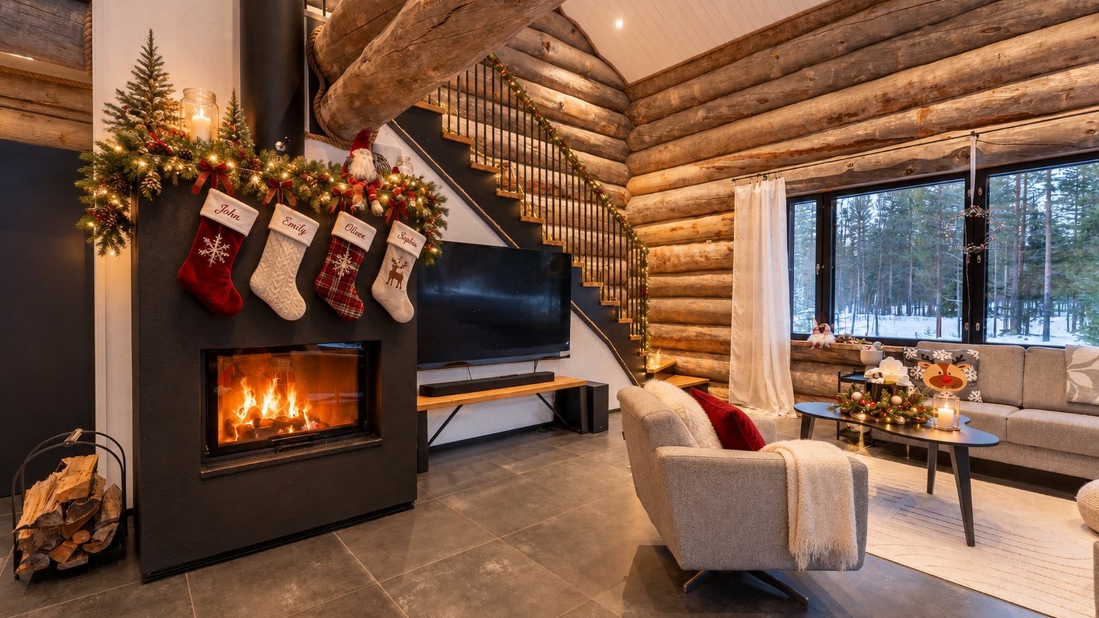 Lapland villa decorated for Christmas with garlands, lights and a festive fireplace