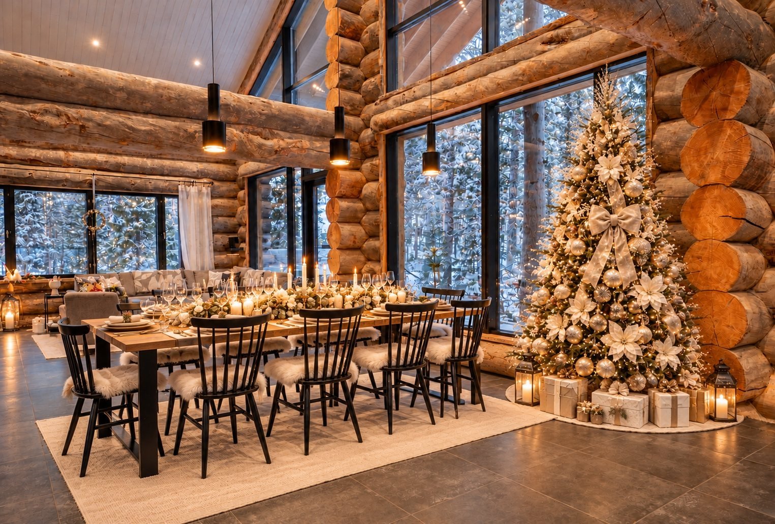 Luxury champagne and ivory Christmas tree with wrapped presents beside a festive dining table in a Lapland villa