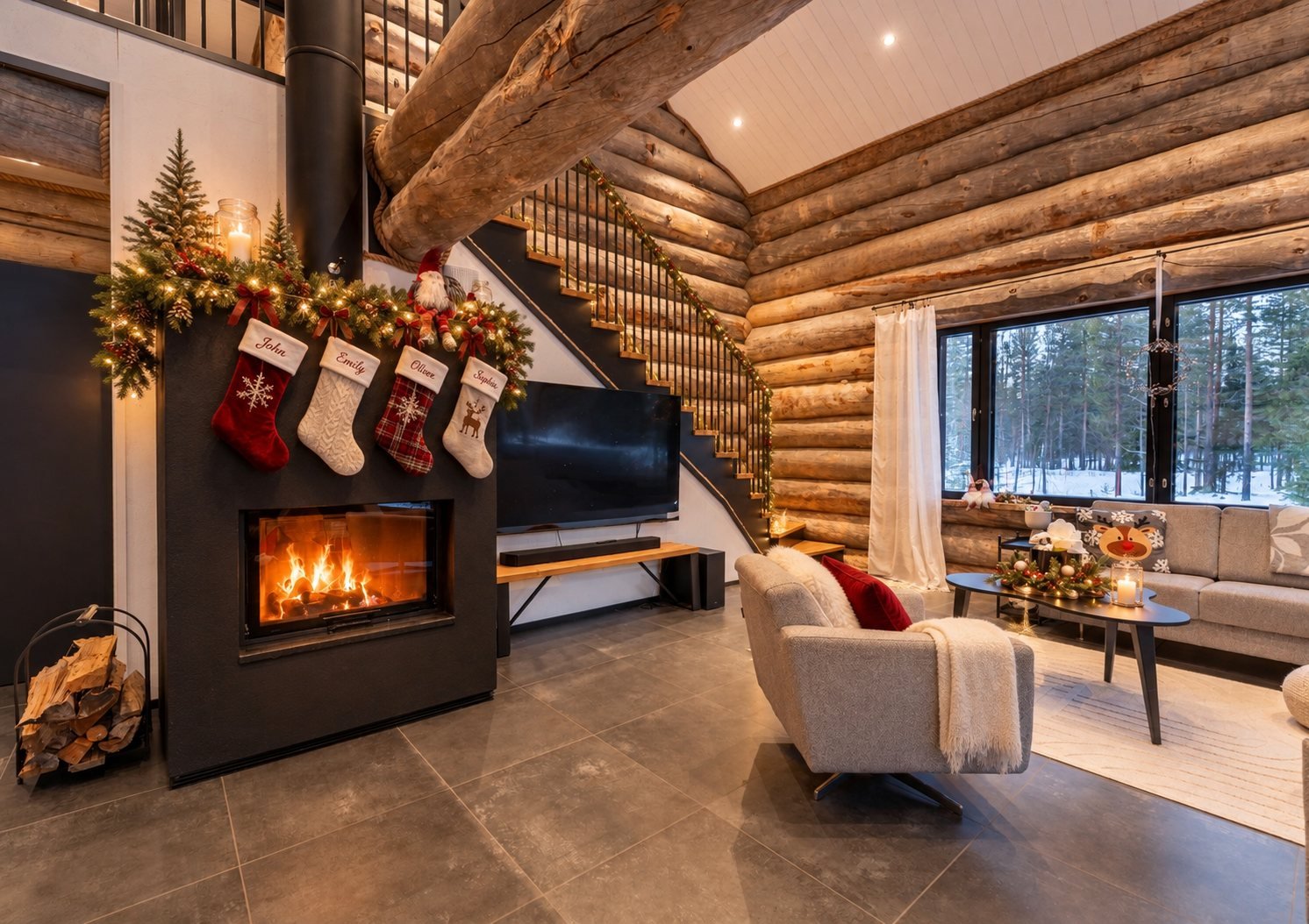 Lapland log villa living room decorated for Christmas with personalised stockings over the fireplace