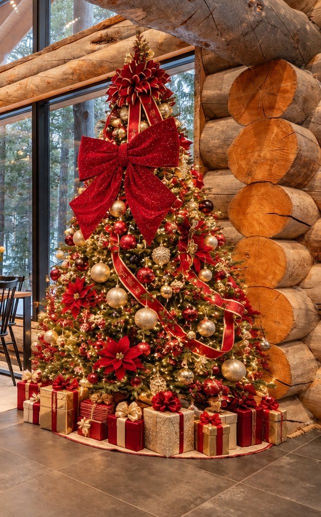 Christmas tree in Classic Red & Gold style with red velvet bows and golden ornaments