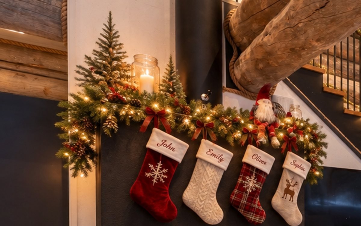 Personalised Christmas stockings with names hanging over a fireplace