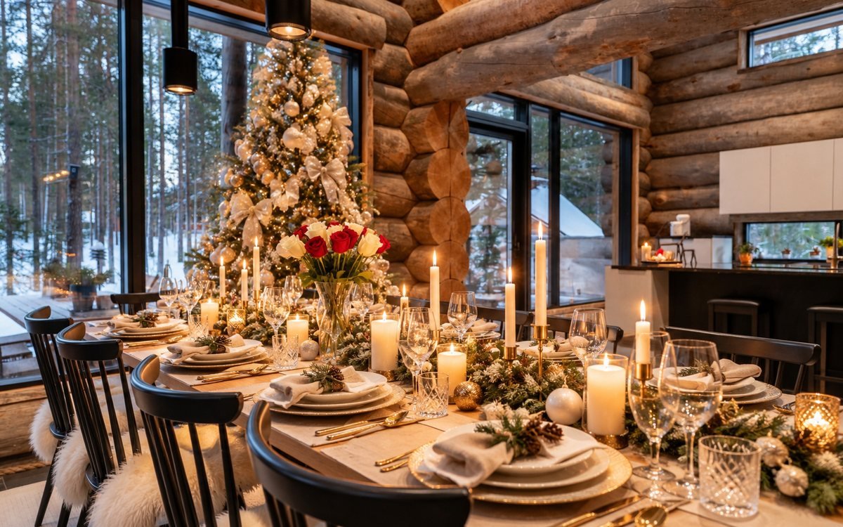 Christmas table styling with candles, greenery and gold cutlery in a Lapland villa