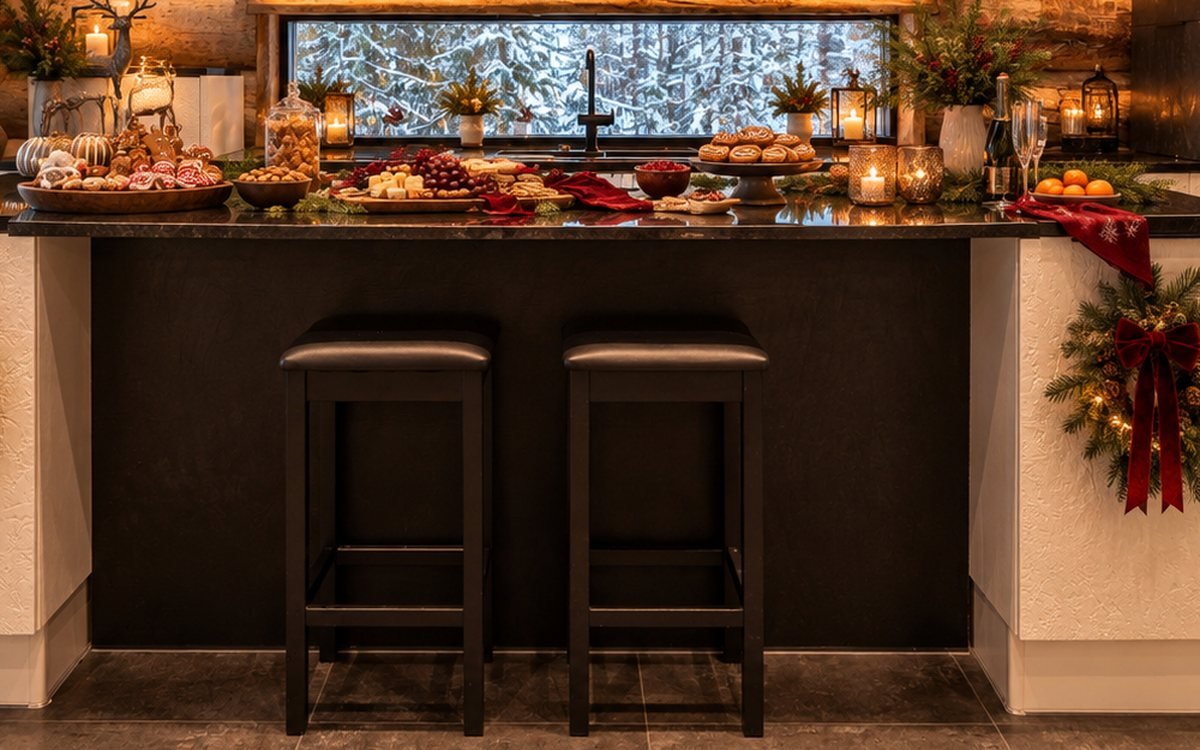 Christmas welcome treats with gingerbread cookies and festive snacks on a kitchen island